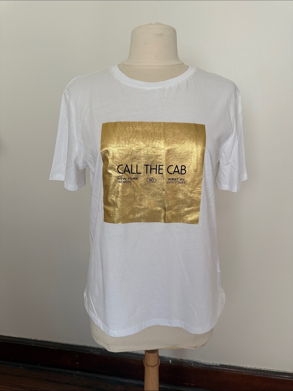 Zara White Short Sleeve Tee with Gold Foil 'Call The Cab' Print